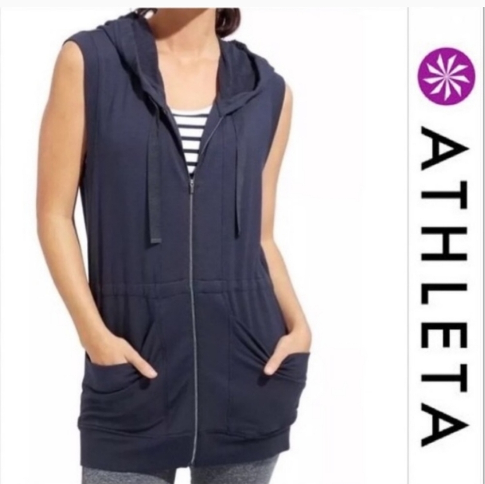 Athleta Lotus Vest Blue Sleeveless Hoodie French Terry Medium